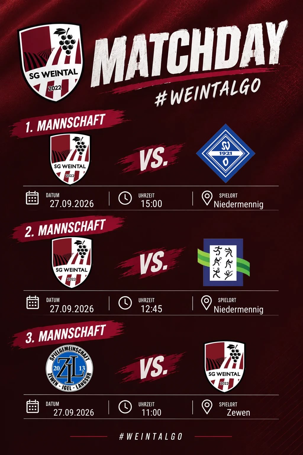 Auf zum Niedermenniger Sportplatz! Heimspieltag gegen FC Könen II und SV Trier-Olewig